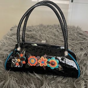RARE Brighton black patent flower satchel purse NWOT.